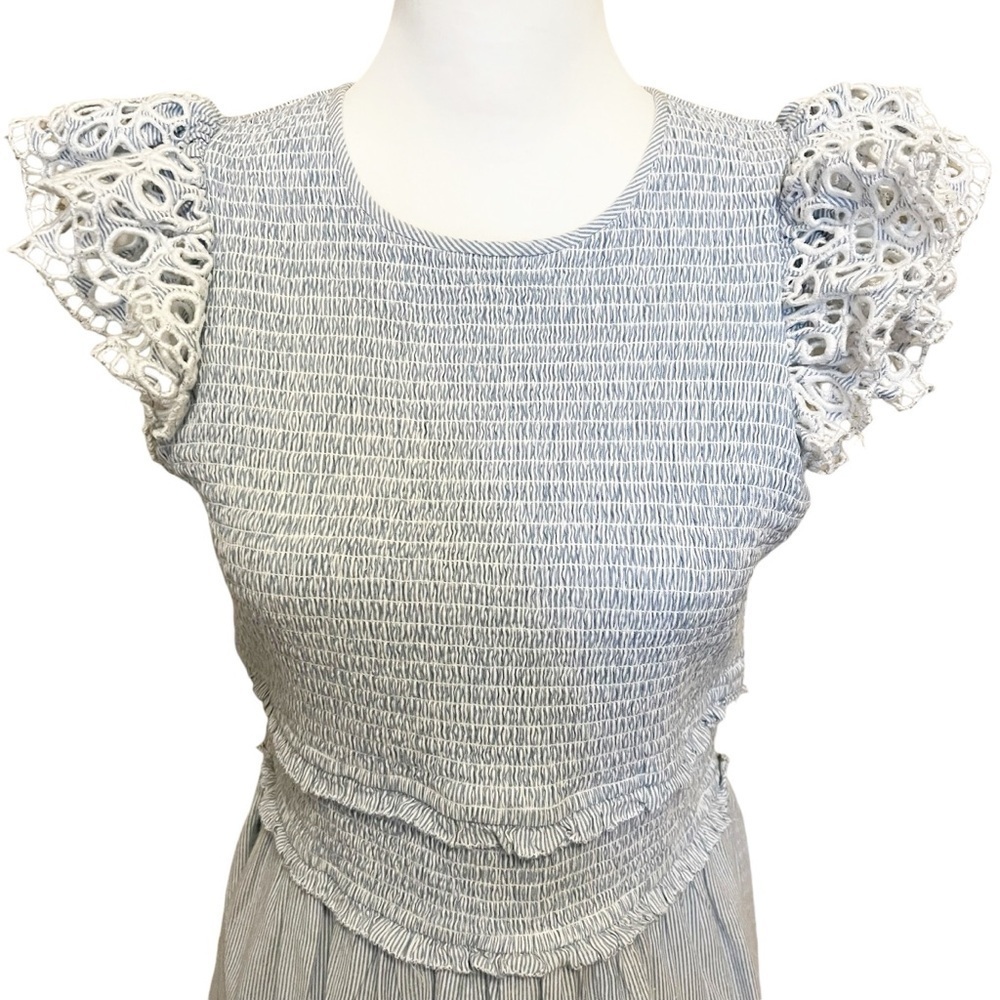 SAYLOR NWT Smocked Mini Dress Size Large Blue Pinstripe Eyelet Coquette Preppy - Picture 5 of 12